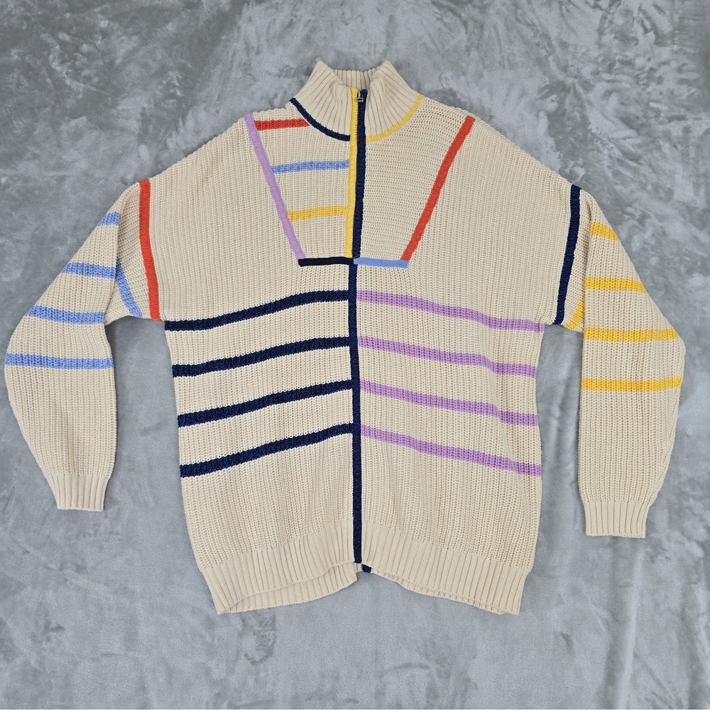 STAUD Hampton Stripe Half Zip Sweater Large Cream Oversized Chunky Knit